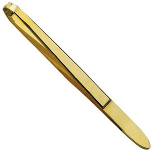 Пинцет с загнутыми скошеными узкими кончиками,с золотым металлизированым покрытием,размер 3,9