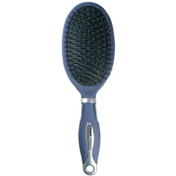 Массажная щетка для волос на резиновой основе, с пластиковыми зубьями, 11 рядов, длина 26см. (матово-синяя)