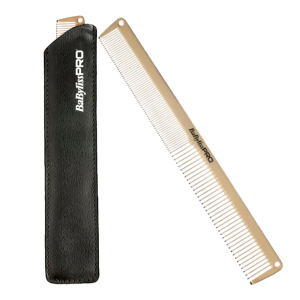 Расческа металлическая с чехлом и логотипом "BABYLISS PRO", золотая.