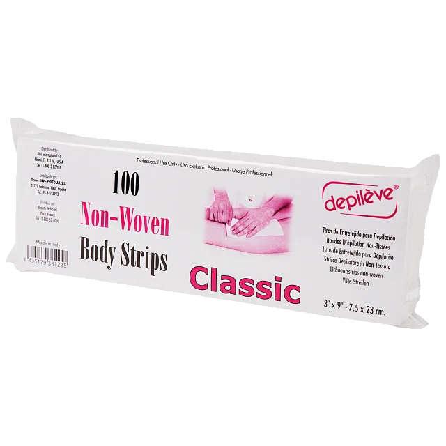 DEPILEVE 100 CLASSIC BODY STRIPS 23X7,5CM - ПОЛОСКИ ГОТОВЫЕ ДЛЯ ДЕПИЛЯЦИИ, НЕ ПРОПИТАННЫЕ ИЗ НЕТКАННОГО МАТЕРИАЛА 